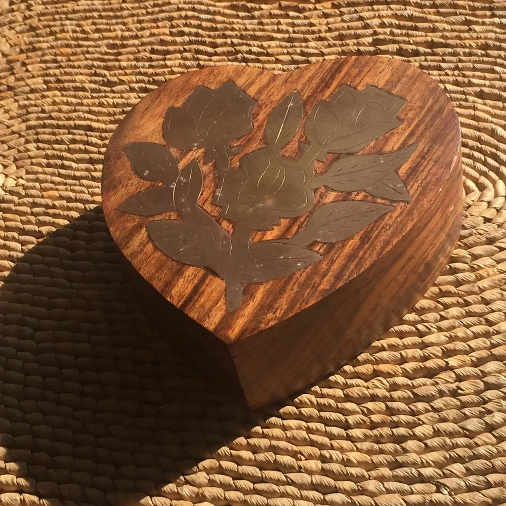 Brass and wood heart shaped trinket box